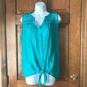 NWT Zac & Rachel Teal Sleeveless Top w/Lace Shoulders & Self-Tie Hem Large